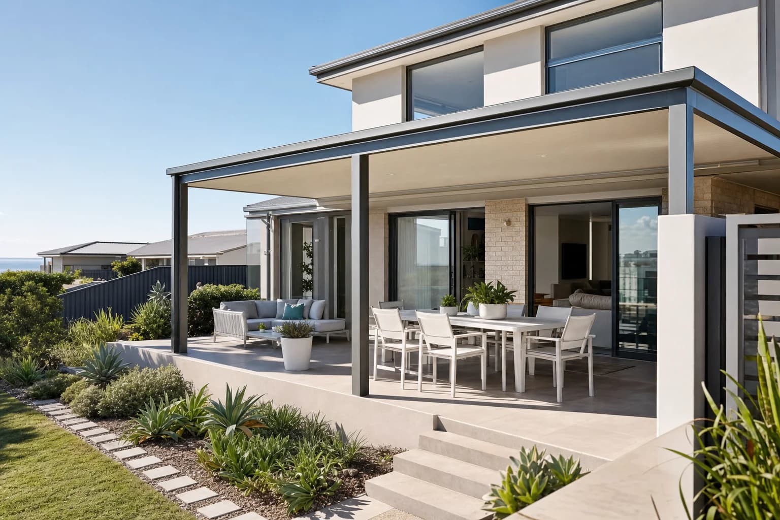 Flat roof patio with heavy-gauge posts on a two-storey home in Burns Beach