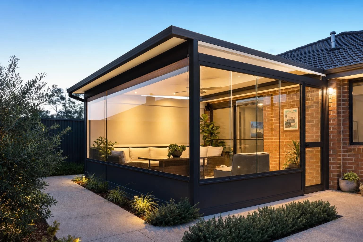 Insulated patio with cafe blinds on a single-storey brick and tile home in Craigie