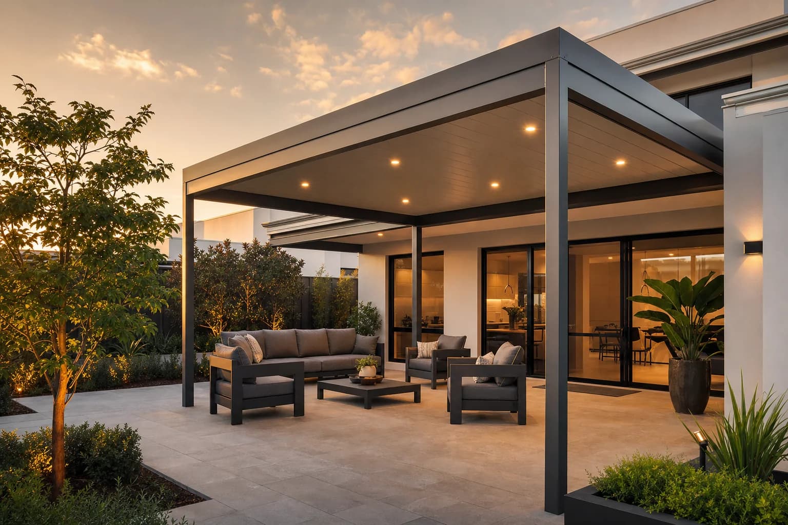 A finished Colorbond patio outdoor living area built by Patios Joondalup