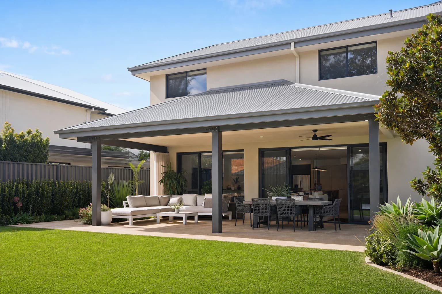 Alfresco extension with a matched Colorbond roof on a two-storey home in Iluka
