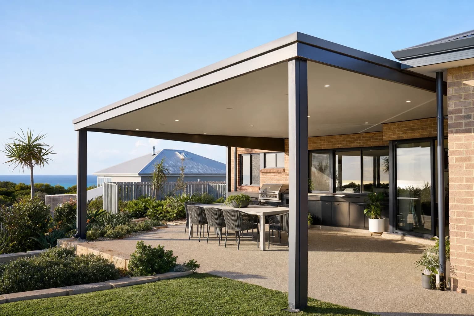 Flat roof patio over an outdoor dining setting at a Mullaloo home