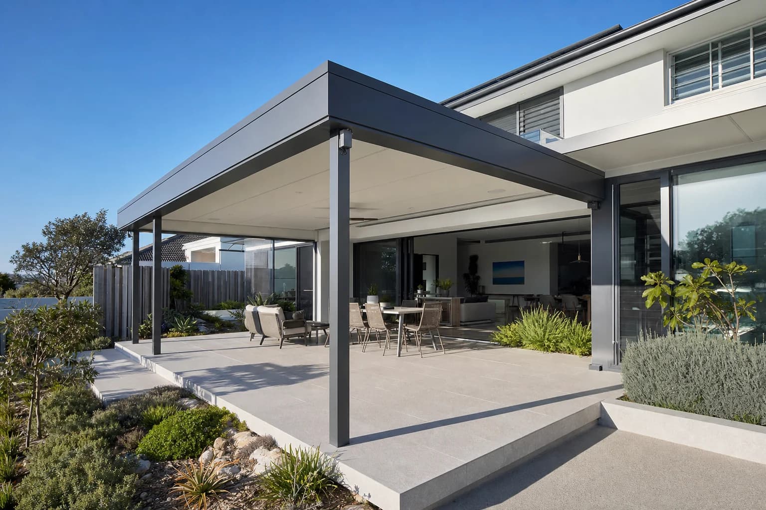 Slimline flat roof patio on an elevated coastal home in Sorrento