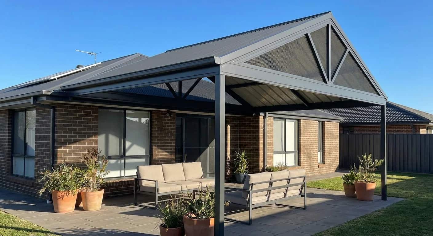 A gable patio roof with a raised peak on a contemporary Australian home, seen from the rear yard