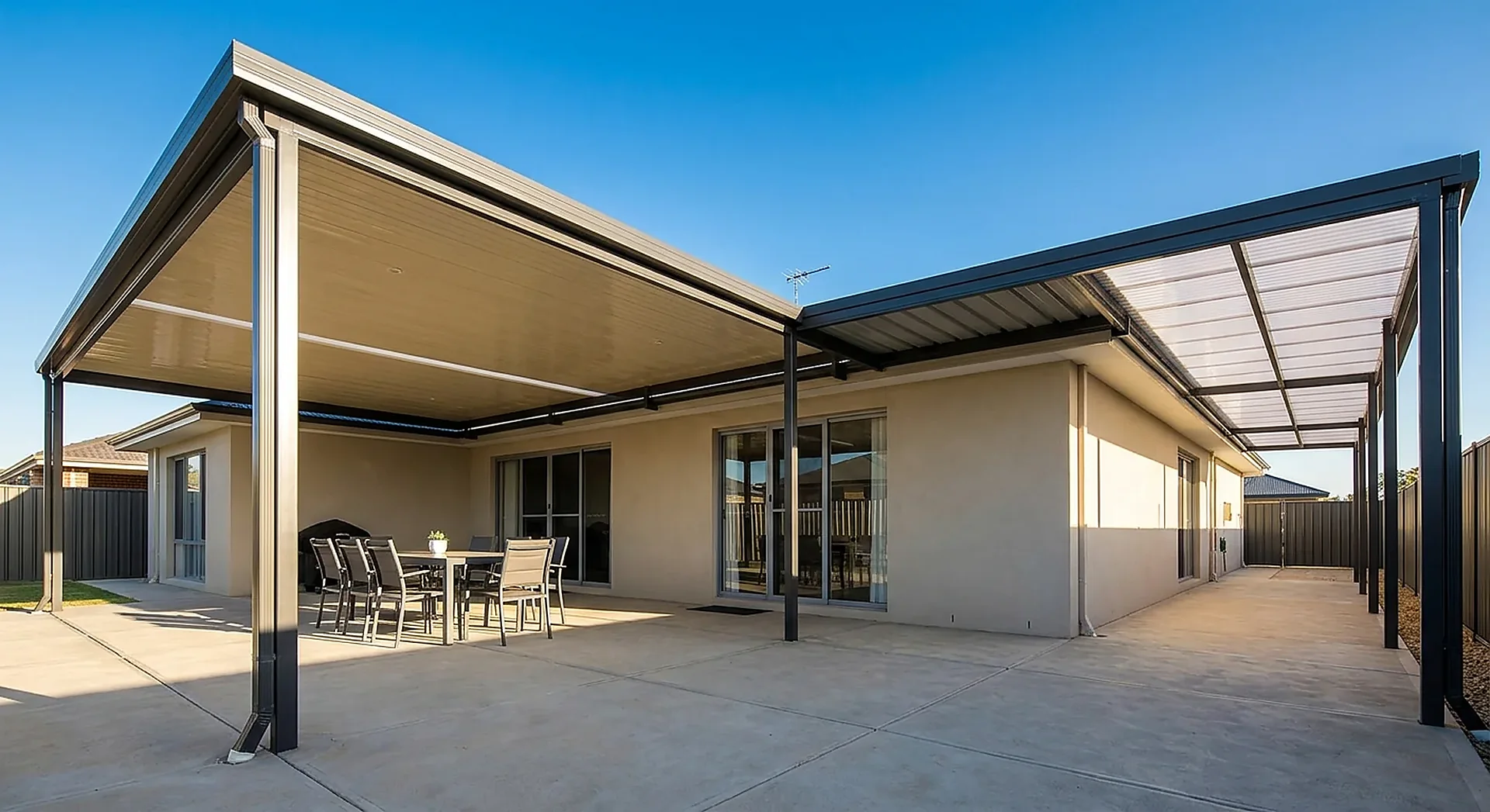 An Australian patio on a contemporary suburban home showing insulated Colorbond, single skin Colorbond and translucent roof sections