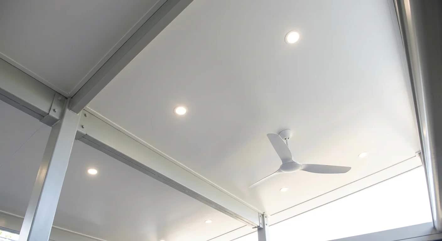 The smooth white underside of an insulated Colorbond patio roof with recessed downlights and a ceiling fan