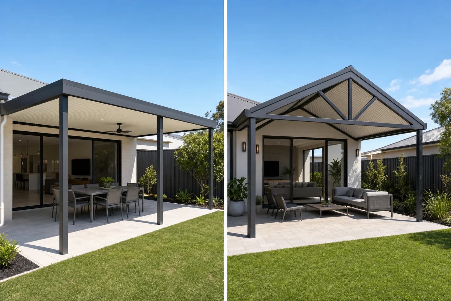 A flat roof patio and a gable patio side by side