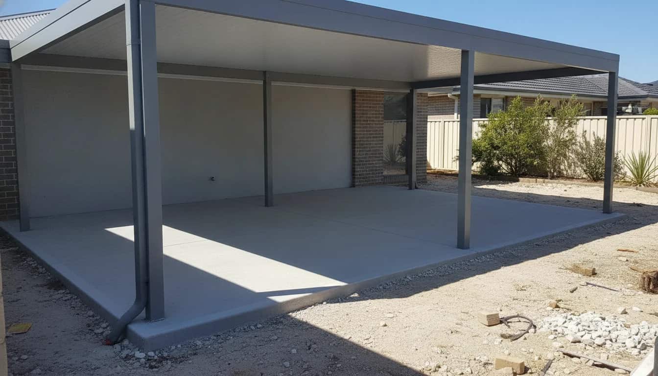A concrete alfresco slab under a newly built Colorbond patio roof on steel posts