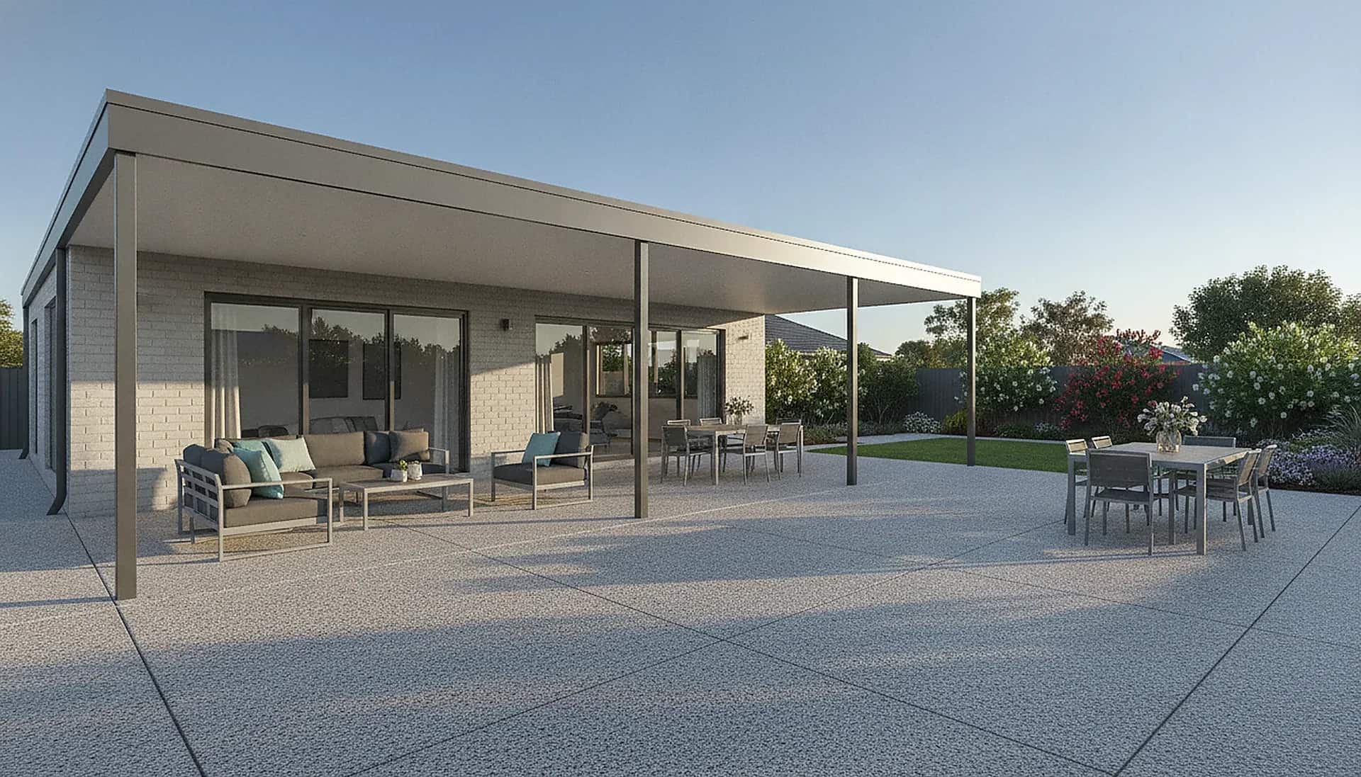 A Colorbond patio over an exposed aggregate concrete alfresco at a Perth home