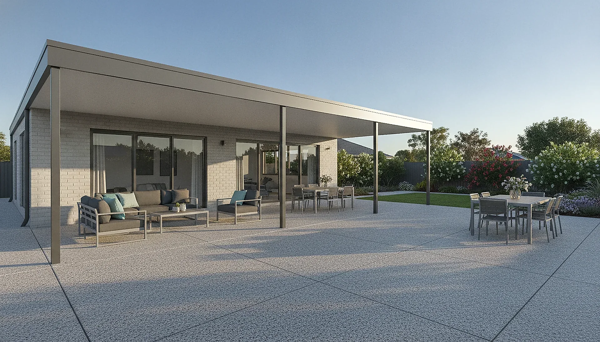 A Colorbond patio over an exposed aggregate concrete alfresco at a Perth home