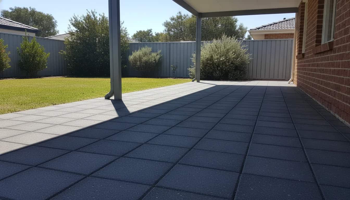 Large-format charcoal pavers laid under a metal patio roof at a Perth home
