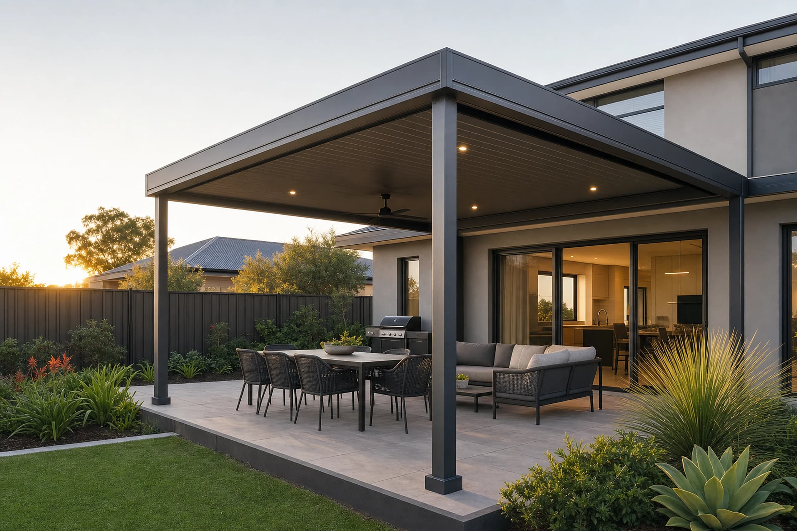 Colorbond patio outdoor living space at a Perth home at dusk
