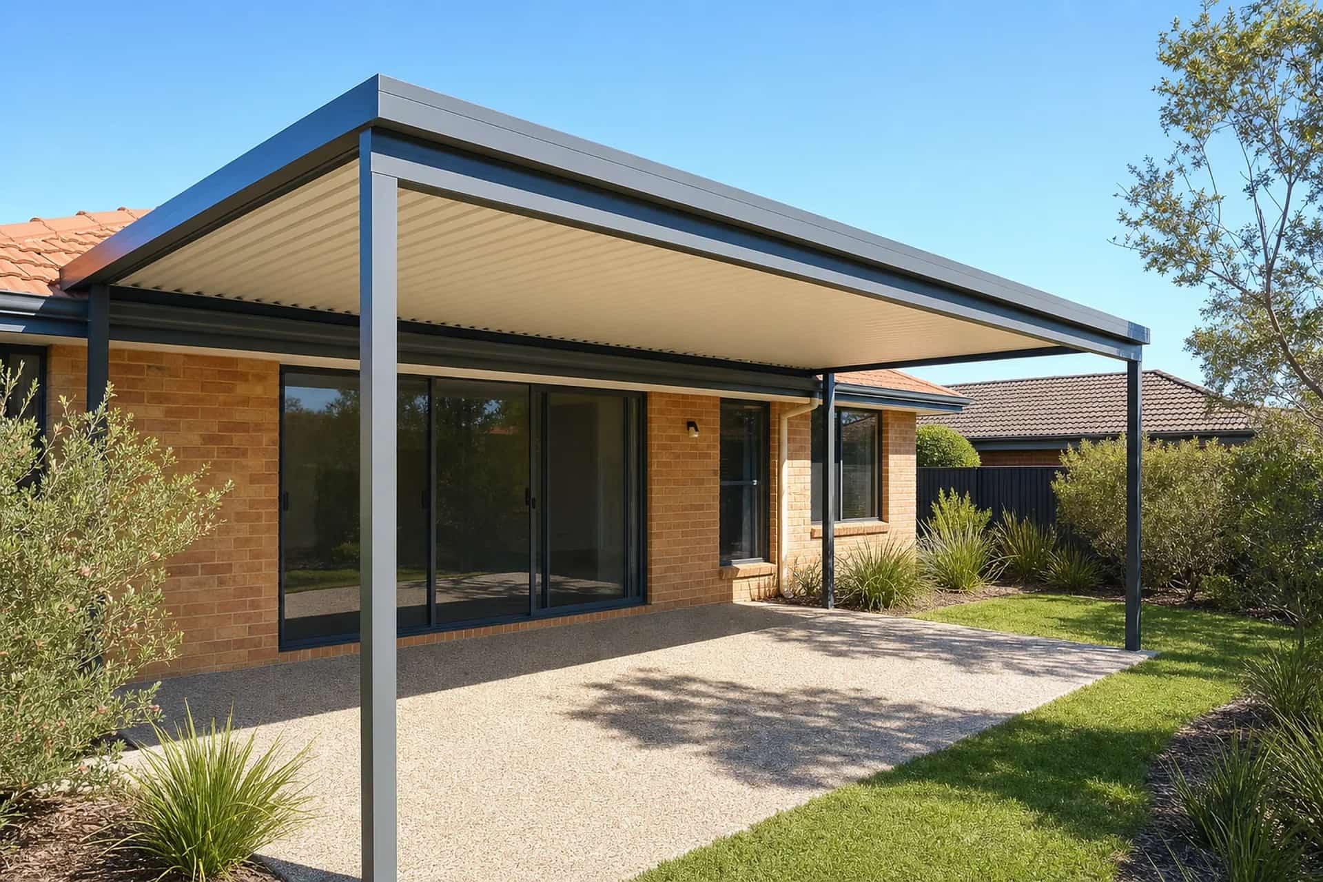 New open-style Colorbond patio built on a Joondalup home where an old patio was removed