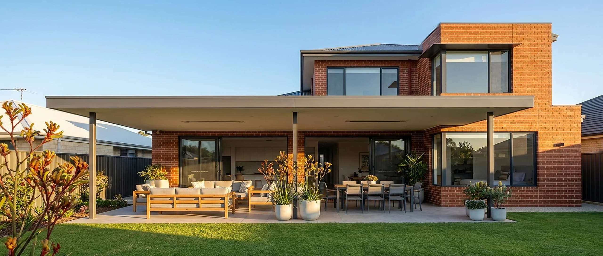 Modern Colorbond patio with outdoor furniture on a Joondalup home